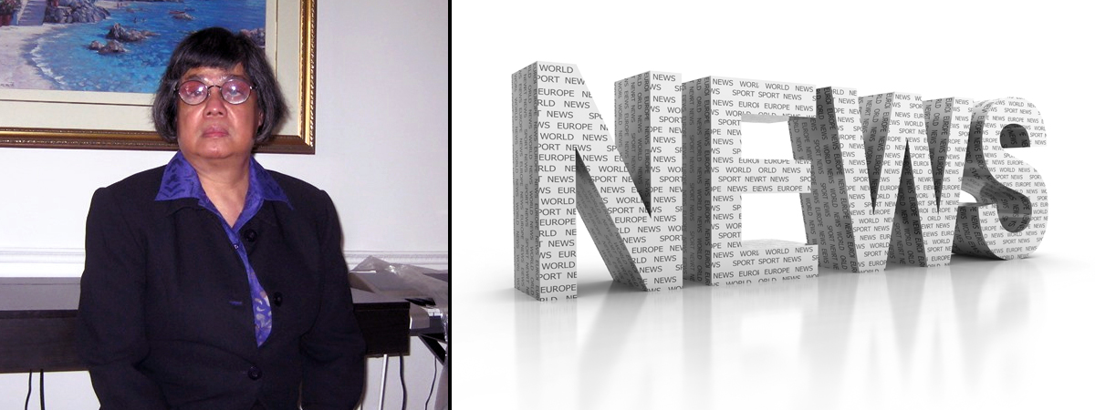 A side-by-side composite image shows Donna J. Jodhan, LLB, ACSP, MBA with dark hair and round glasses wearing a dark blazer over a blue collared shirt, standing indoors with a neutral expression in front of a framed coastal landscape painting and office furnishings, alongside a monochrome graphic of large three-dimensional letters spelling 'NEWS' covered with repeated newspaper-style words such as 'NEWS,' 'WORLD,' 'SPORT,' and 'EUROPE' on a glossy white surface.