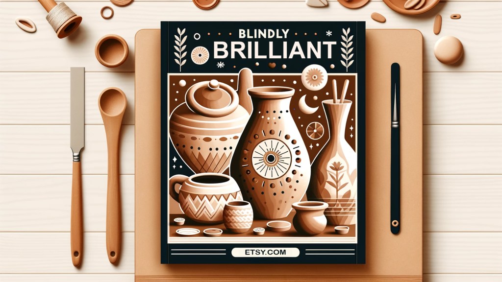 An artistic flat lay image features a stylized book cover titled 'Blindly Brilliant' in bold white text on a dark background, surrounded by decorative plant icons and symbols. The central illustration on the cover depicts various intricately designed pottery pieces in earthy tones of beige, brown, and tan, adorned with geometric and floral patterns. The pottery is set against a starry, celestial backdrop with shapes like moons and circles. The book rests on a tan surface beside wooden kitchen utensils, a spool of twine, a paintbrush, and crafting items, with 'ETSY.COM' displayed at the bottom, suggesting a handmade or artisan theme.