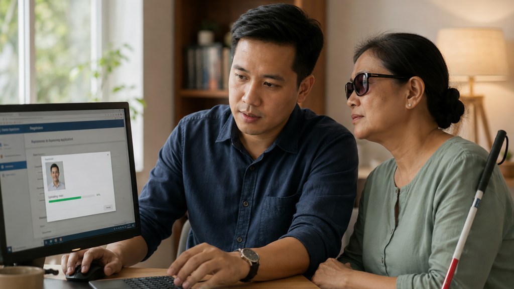 A man in a dark blue shirt helps an older blind woman wearing sunglasses to use a desktop computer to upload their passport photos. The woman has a white cane resting beside her; the screen shows a registration form with a photo upload in progress, suggesting assistance with an online application in a warm home or office setting.