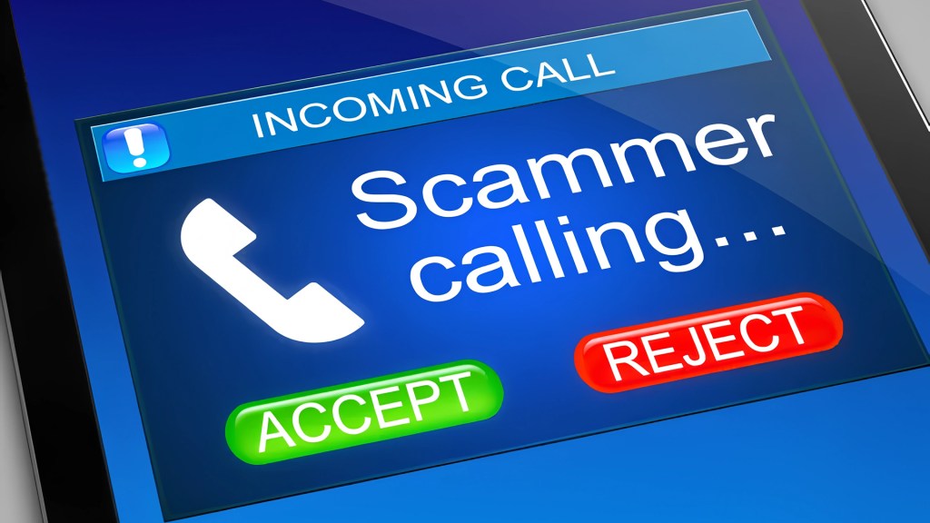A smartphone screen shows an incoming call alert with a blue background and bold white text that reads 'Scammer calling...' above two large buttons labeled 'ACCEPT' in green and 'REJECT' in red. A white phone icon is displayed next to the text, and a blue banner at the top reads 'INCOMING CALL' with an exclamation mark icon to indicate urgency or warning.