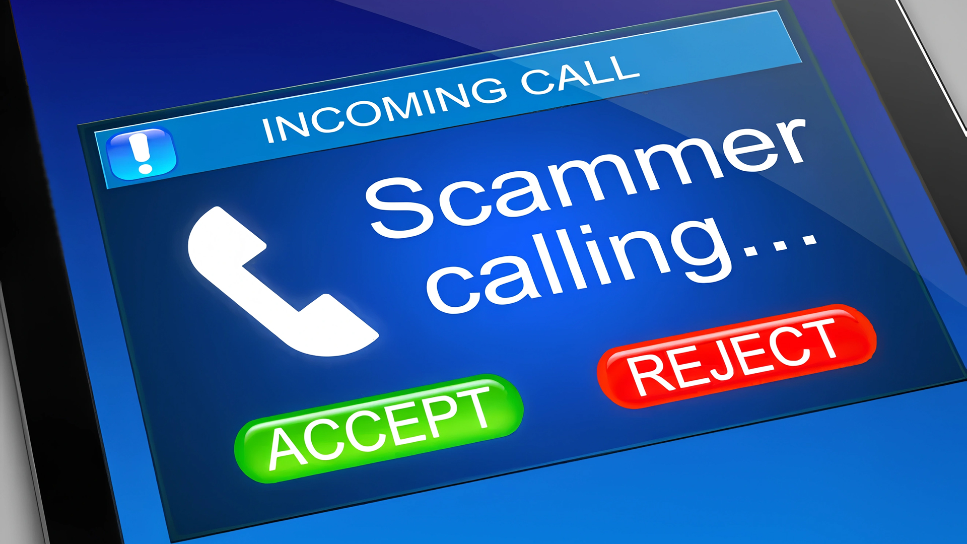 A smartphone screen shows an incoming call alert with a blue background and bold white text that reads 'Scammer calling...' above two large buttons labeled 'ACCEPT' in green and 'REJECT' in red. A white phone icon is displayed next to the text, and a blue banner at the top reads 'INCOMING CALL' with an exclamation mark icon to indicate urgency or warning.