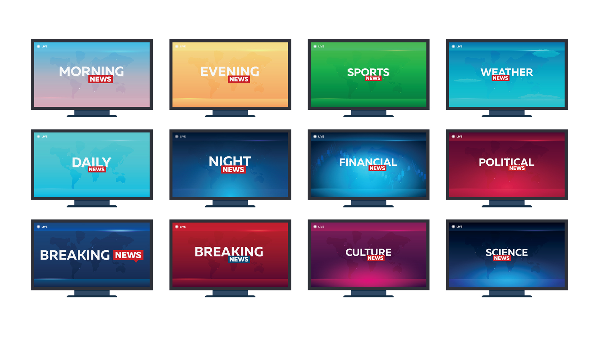 Grid of twelve flat-screen monitors arranged in three rows, each displaying a different news category with colorful gradient backgrounds and a faint world map silhouette, including labels such as morning news, evening news, sports news, weather news, daily news, night news, financial news, political news, breaking news, culture news, and science news, with small live indicators in the corner of each screen.